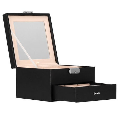 Kufer, szkatułka na biżuterię ekoskóra 16x16x11 cm czarny z szufladą i lusterkiem