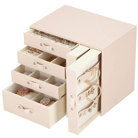 Kuferrek, Szkatułka na biżuterię ekoskóra 26x22x18 cm różowy z szufladami