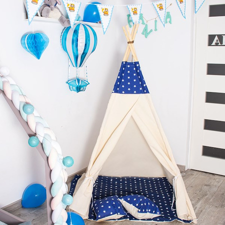 Namiot Tipi dla dzieci wigwam z poduszkami granatowy w gwiazdki