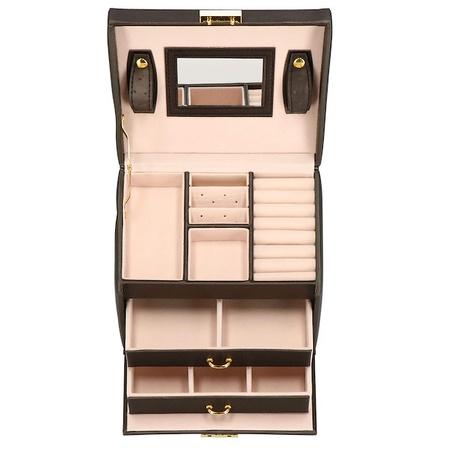 Kuferek, szkatułka na biżuterię 17,5x14x12,5 cm brązowy z szufladami i lusterkiem