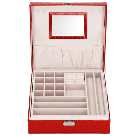 Kufer, szkatułka na biżuterię ekoskóra 26x26x8,5 cm czerwony z przegródkami