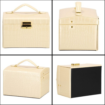 Kuferek, szkatułka na biżuterię 17,5x14x12,5 cm ecru z szufladami i lusterkiem