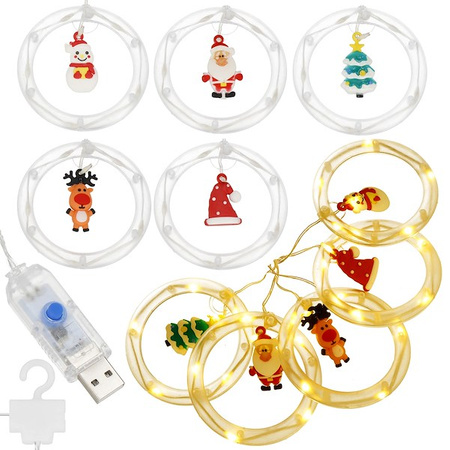 Kurtyna świetlna 110 led girlanda, lampki bombki z figurkami biały ciepły na USB