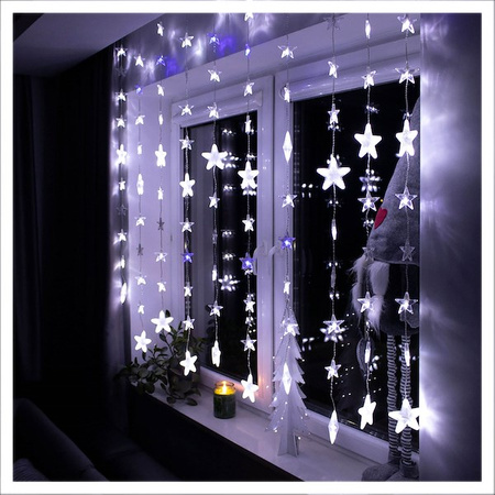 Kurtyna świetlna 180 led girlanda gwiazdki, lampki wewnętrzno-zewnętrzne sople zimny biały + niebieski flash