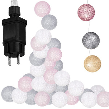 Lampki dekoracyjne cotton balls 20 LED 20 kul białe różowe popielate
