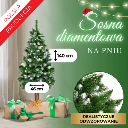 Choinka na pniu sztuczna 140 cm sosna diamentowa ośnieżona jak żywa premium
