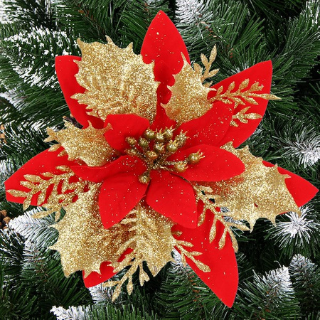 Gwiazda betlejemska, sztuczny kwiat, poinsecja czerwono-złota z brokatem na klipsie