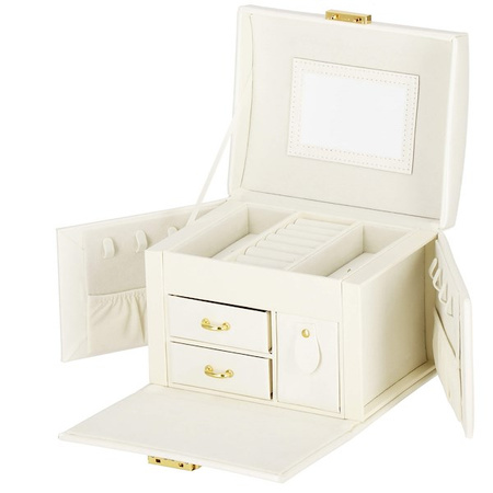 Kufer, szkatułka na biżuterię ekoskóra 17,5x12x13,5 cm kremowy z przegródkami