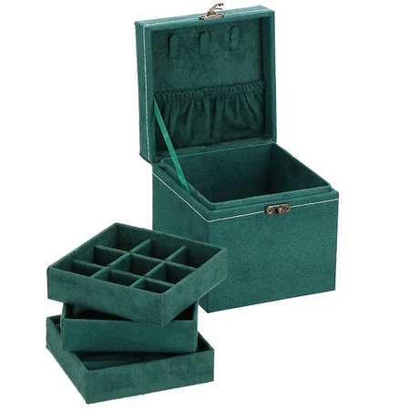 Kuferek, szkatułka na biżuterię 12x12x12 cm zielony welurowy organizer z przegródkami