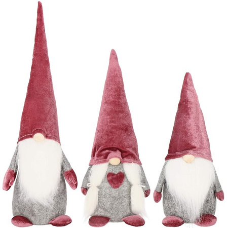 Skrzaty 3 szt. ozdoba świąteczna, krasnal świąteczny, gnom welurowy brudny róż
