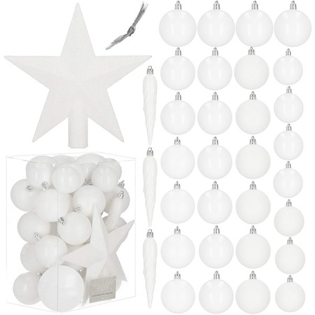 Bombki choinkowe 33 szt. ozdoby świąteczne zestaw z gwiazdą białe