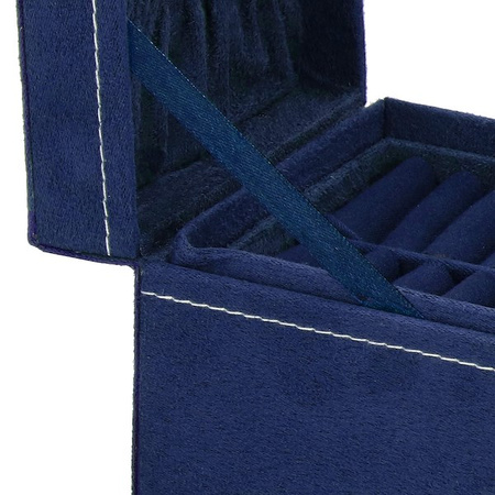 Kufer, szkatułka na biżuterię 12x12x12 cm granatowy z przegródkami welurowy