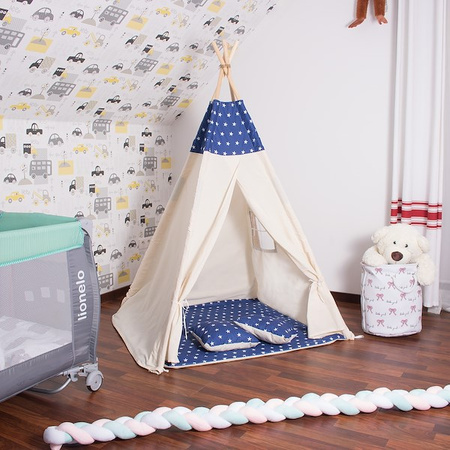 Namiot Tipi dla dzieci wigwam z poduszkami granatowy w gwiazdki