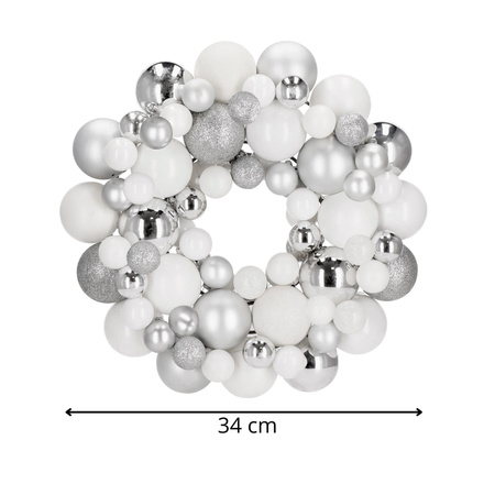 Wianek świąteczny z bombek, dekoracyjny wieniec na drzwi 34 cm stroik srebrny