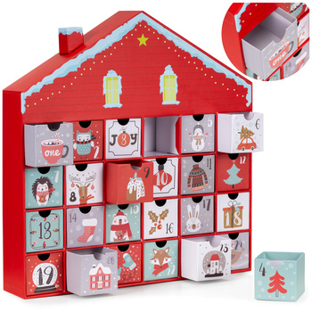 Kalendarz adwentowy, świąteczny 24 szufladki do uzupełnienia, domek, multikolor