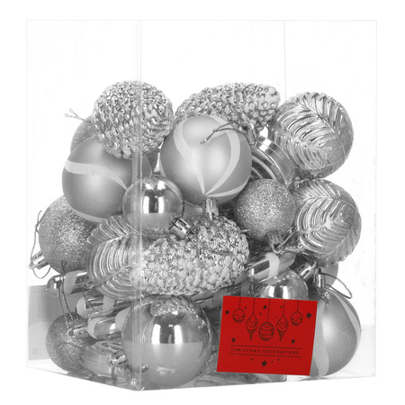 Bombki choinkowe 40 szt. okrągłe, lizaki, szyszki, laski cukrowe nietłukące ozdoby srebrne