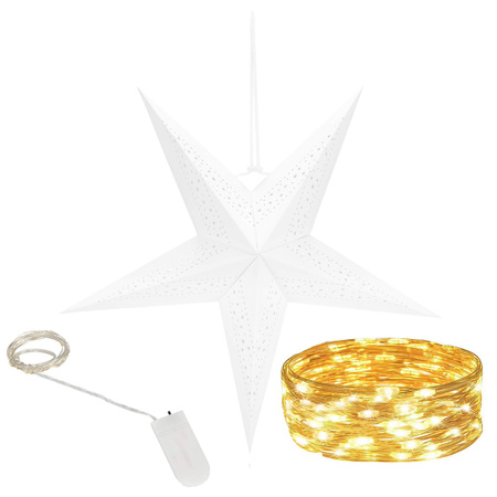 Gwiazda świąteczna papierowa biała i lampki choinkowe led ciepły biały