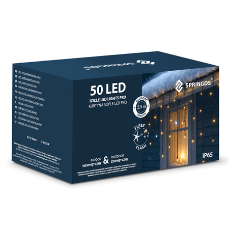 Kurtyna świetlna PRO 50 Led 2,5 m lampki IP65 zimny biały + zimny biały flash zestaw