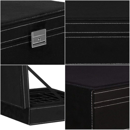 Kuferek, szkatułka na biżuterię 26x26x9 cm czarny, welurowy organizer z przegródkami