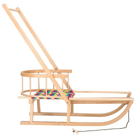 Sanki dla dzieci drewniane z siedziskiem, oparciem i pchaczem