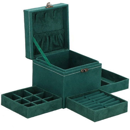 Kuferek, szkatułka na biżuterię 12x12x12 cm zielony welurowy organizer z przegródkami