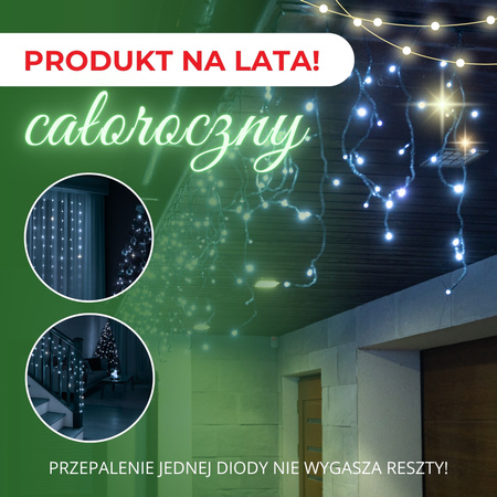 Kurtyna świetlna 1000 led girlanda, lampki wewnętrzno-zewnętrzne sople zimny biały z flash