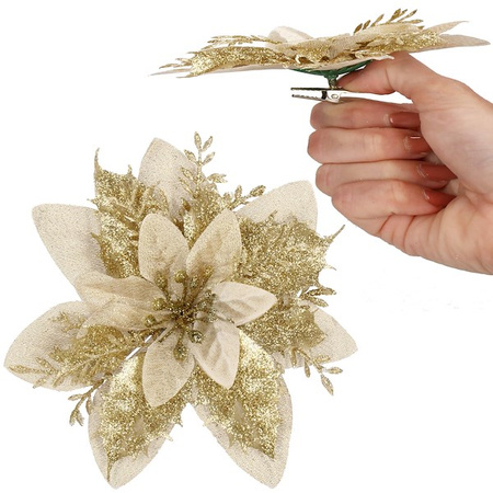 Gwiazda betlejemska, sztuczny kwiat, poinsecja kremowo-złota z brokatem na klipsie