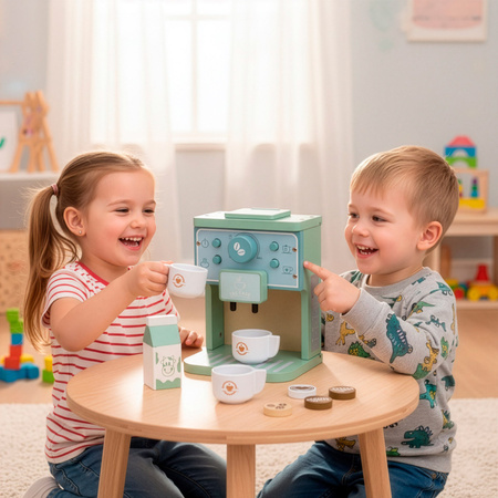 Ekspres do kawy z filiżankami, mała kawiarenka, zestaw dla baristy, drewniany 8 el. multikolor