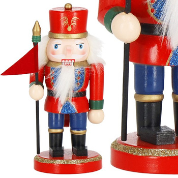 Dziadek do orzechów 15 cm z chorągiewką, drewniany żołnierzyk multikolor, figurka świąteczna