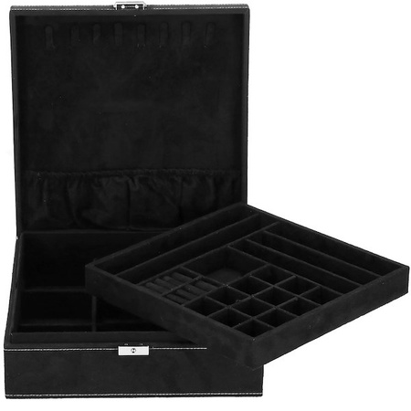 Kuferek, szkatułka na biżuterię 26x26x9 cm czarny, welurowy organizer z przegródkami