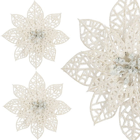 Gwiazda betlejemska, sztuczny kwiat, poinsecja ażurowa, biała z brokatem na klipsie