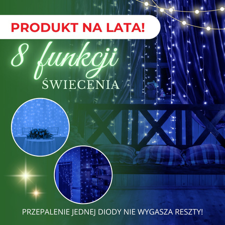 Kurtyna świetlna z pilotem 306 led girlanda, lampki wewnętrzno-zewnętrzne sople niebieski