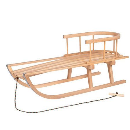 Sanki dla dzieci drewniane z oparciem i różowo-czarnym materacykiem