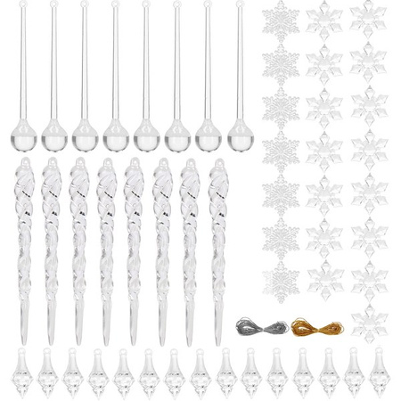 Zawieszka choinkowa 53 szt. akrylowa, świąteczna zawieszka sopel, śnieżynka, łezka przezroczysty