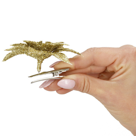 Gwiazda betlejemska 2 szt. sztuczny kwiat, poinsecja złota z brokatem na klipsie