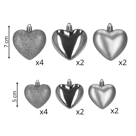 Bombki choinkowe 16 szt. komplet dekoracje świąteczne, nietłukące serca, srebrne