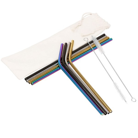 Słomki metalowe do napojów 8 szt. kolorowe wielorazowe rurki z etui i szczoteczkami