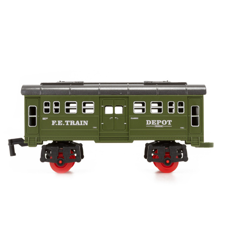 Pociąg parowy z wagonami, pilot do sterowania, tory, zabawka dla dzieci, lokomotywa z mgiełką, dźwiękiem