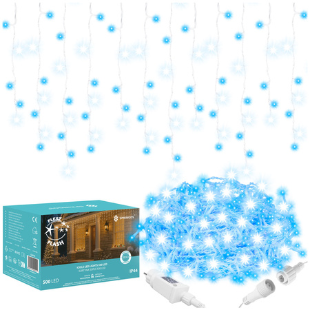 Kurtyna świetlna 500 led girlanda, lampki wewnętrzno-zewnętrzne sople niebieski z zimnym białym flash