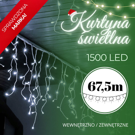 Kurtyna świetlna 1500 led girlanda, lampki wewnętrzno-zewnętrzne sople zimny biały
