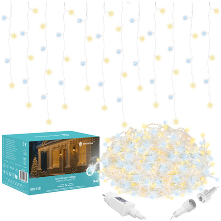 Kurtyna świetlna 500 led girlanda, lampki wewnętrzno-zewnętrzne sople zimny biały + ciepły biały flash