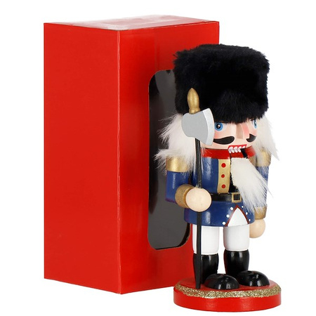 Dziadek do orzechów 16 cm z toporkiem drewniany żołnierzyk niebiesko-biały