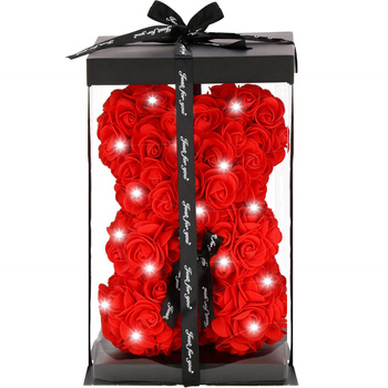 Miś  z czarną kokardką z róż 22 cm czerwony w pudełku miś różany LED zimny biały