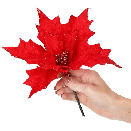 Gwiazda betlejemska 2 szt. sztuczny kwiat, poinsecja czerwona z brokatem