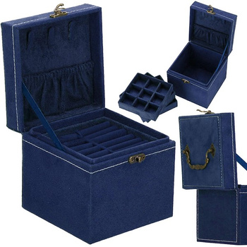 Kufer, szkatułka na biżuterię 12x12x12 cm granatowy z przegródkami welurowy