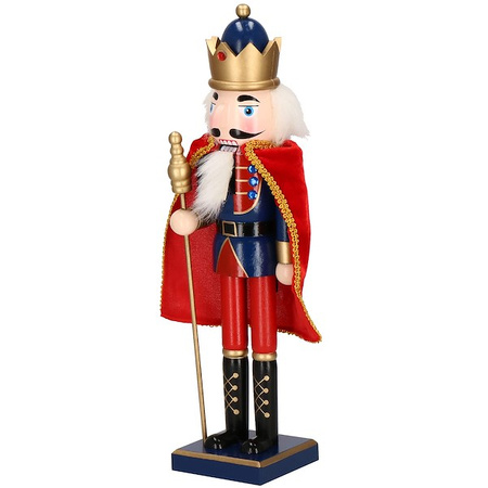Dziadek do orzechów 38 cm z berłem, drewniany żołnierzyk niebiesko-czerwony, figurka świąteczna