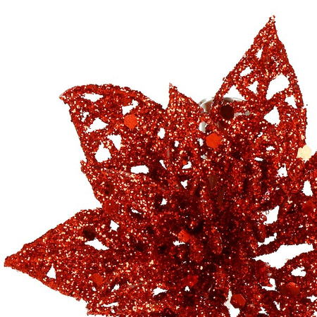 Gwiazda betlejemska 2 szt. sztuczny kwiat, poinsecja ażurowa, czerwona z brokatem na klipsie