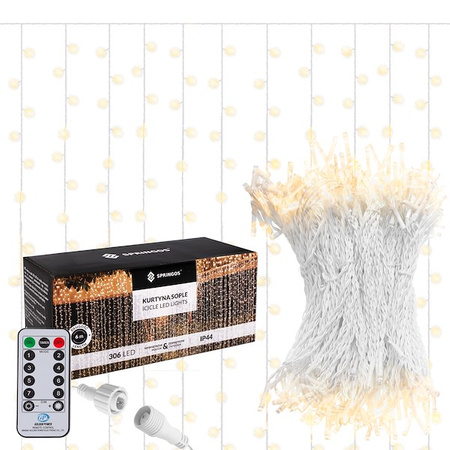 Kurtyna świetlna z pilotem 306 led girlanda, lampki wewnętrzno-zewnętrzne sople ciepły biały