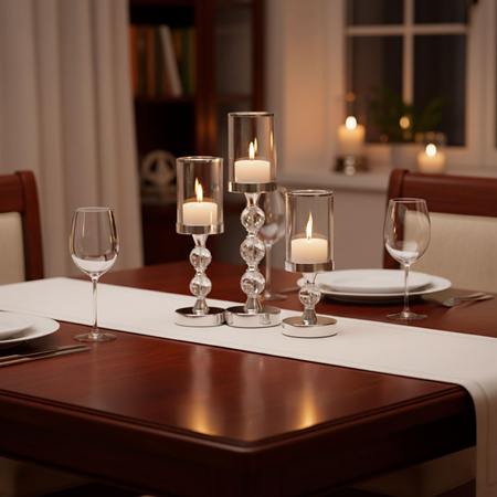 Świeczniki metalowe, dekoracyjne zestaw 3 szt. lampiony na nóżce, srebrne