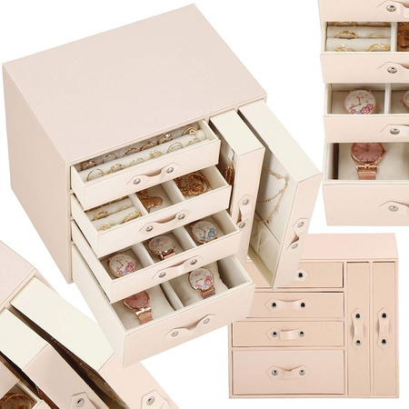 Kuferrek, Szkatułka na biżuterię ekoskóra 26x22x18 cm różowy z szufladami